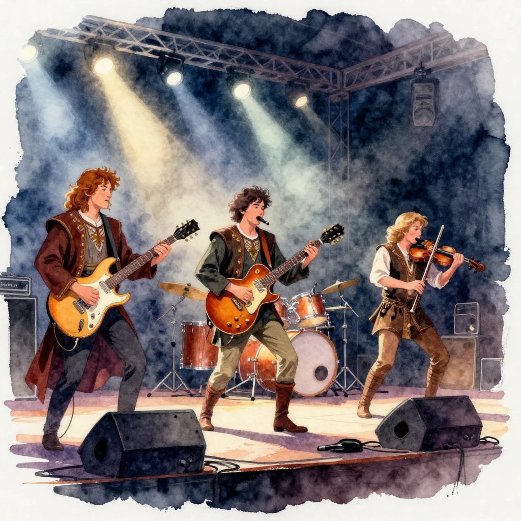 A dynamic watercolor illustration depicting a concert stage ...