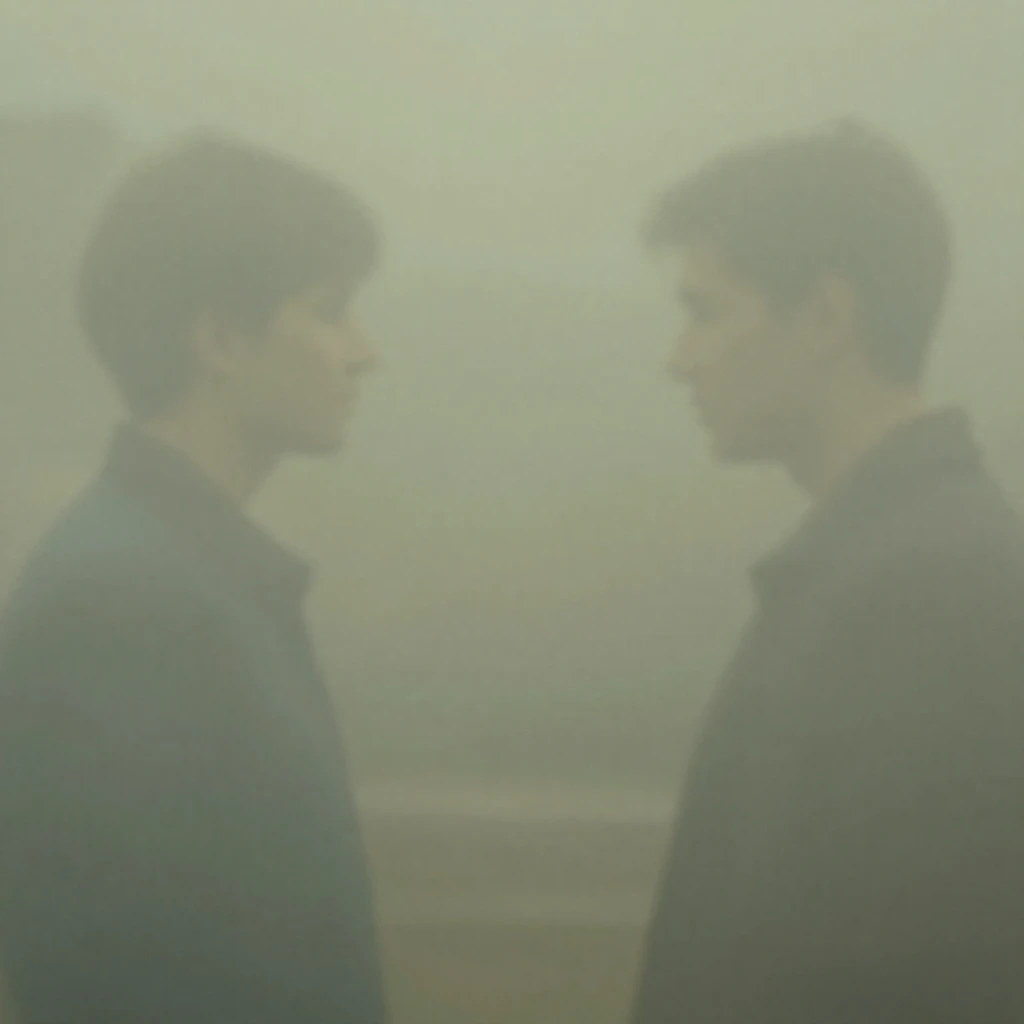 Faint, translucent images of past events or figures subtly o...