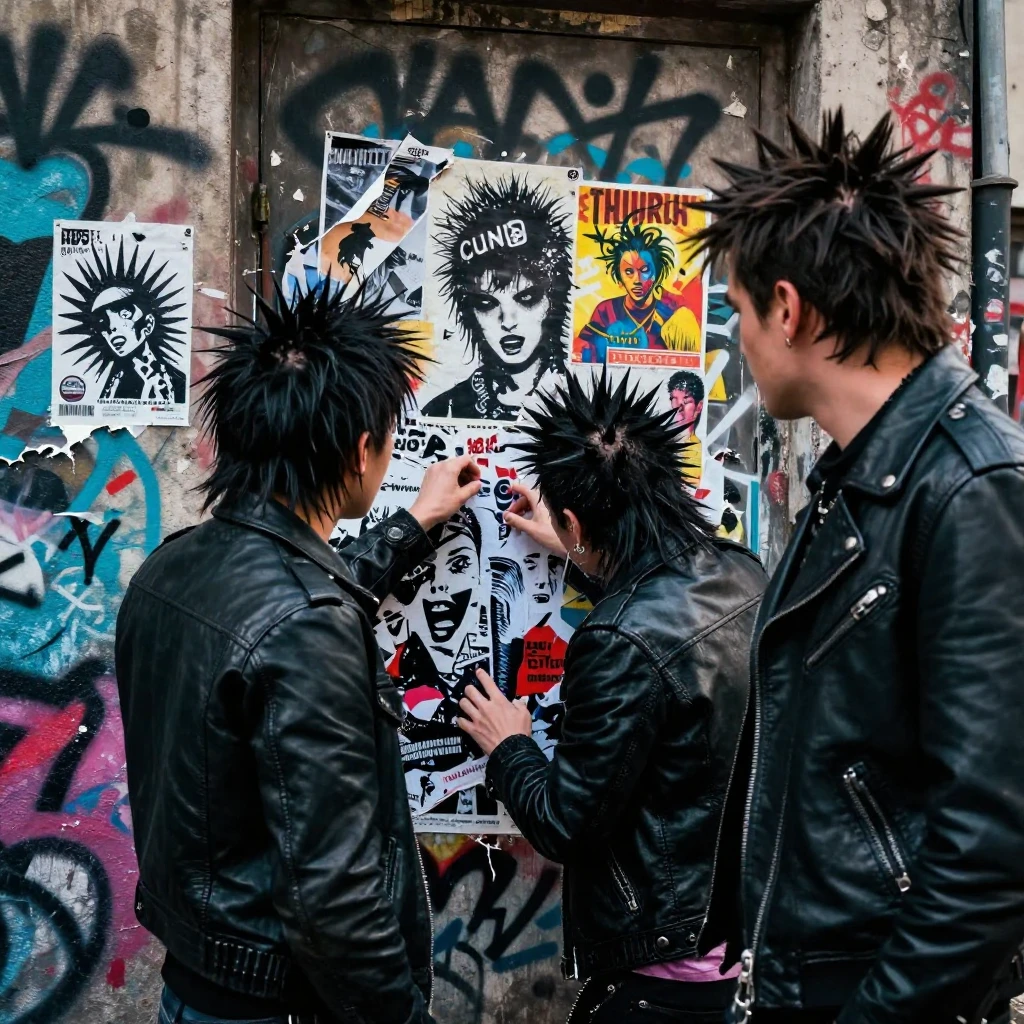 A chaotic and gritty street scene in a punk aesthetic, featu...
