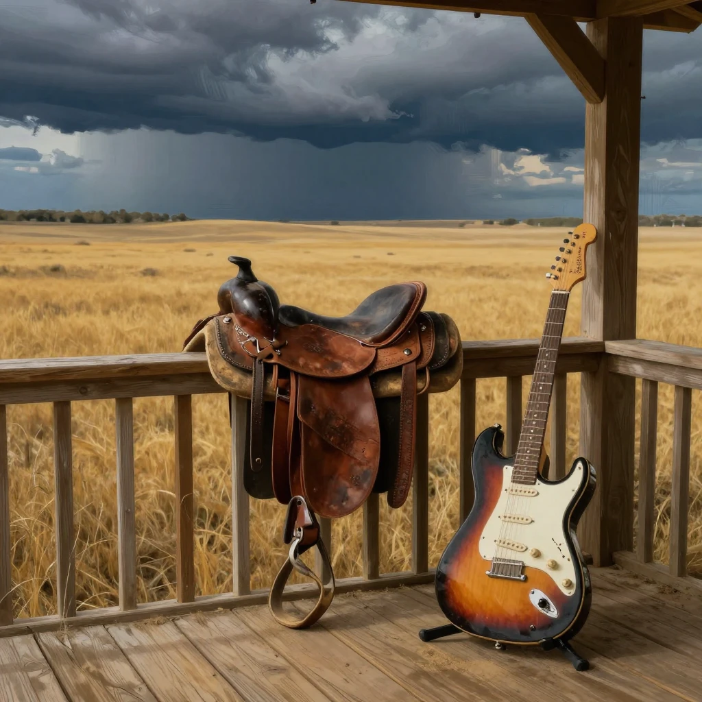 A dusty wooden porch with a worn leather saddle and electric...