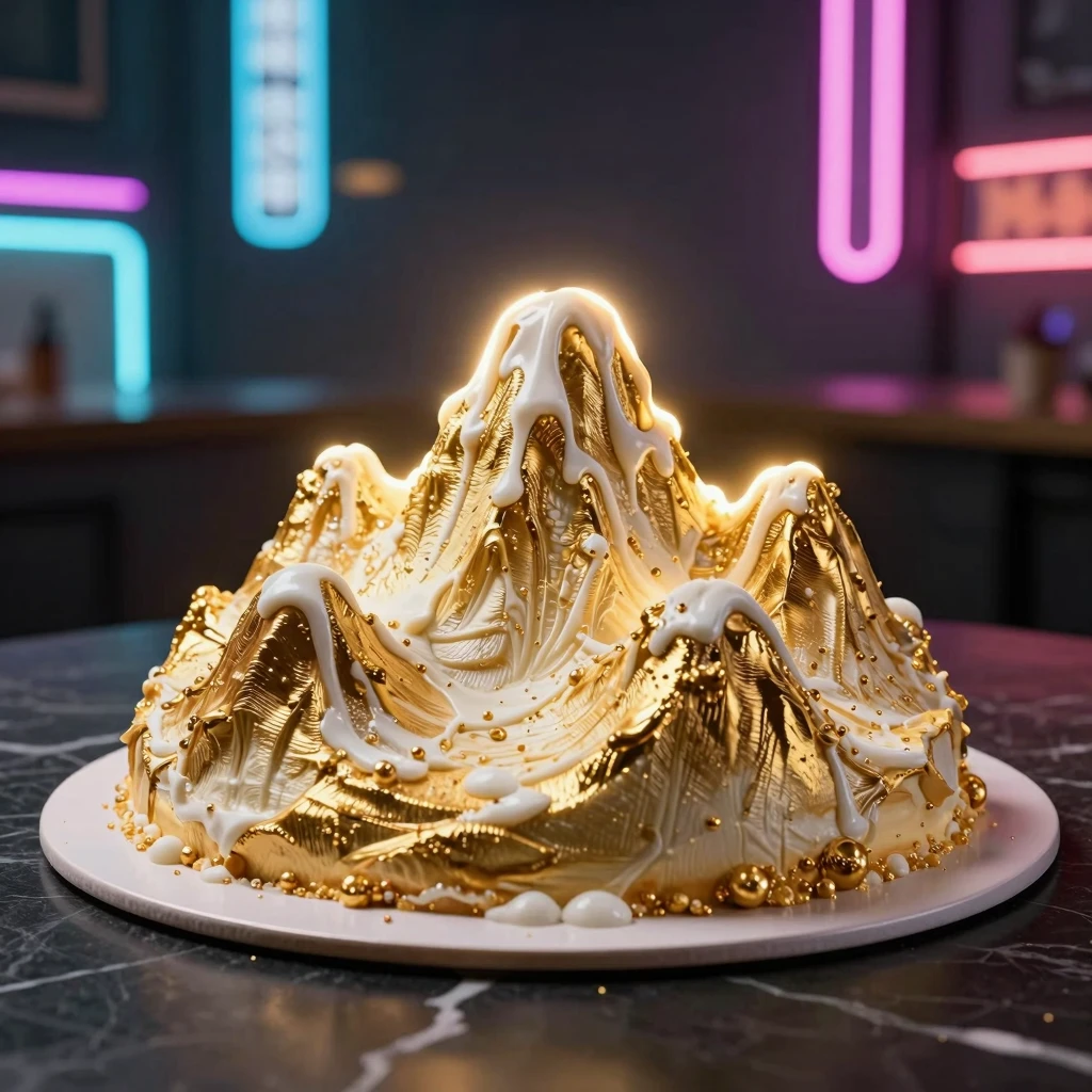 A luxurious golden birthday cake shaped like a mountain peak...