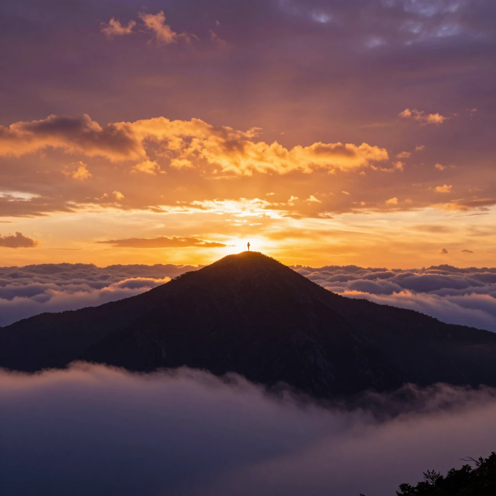 Mountain peak at golden hour sunrise, wide-angle. Lone silho...
