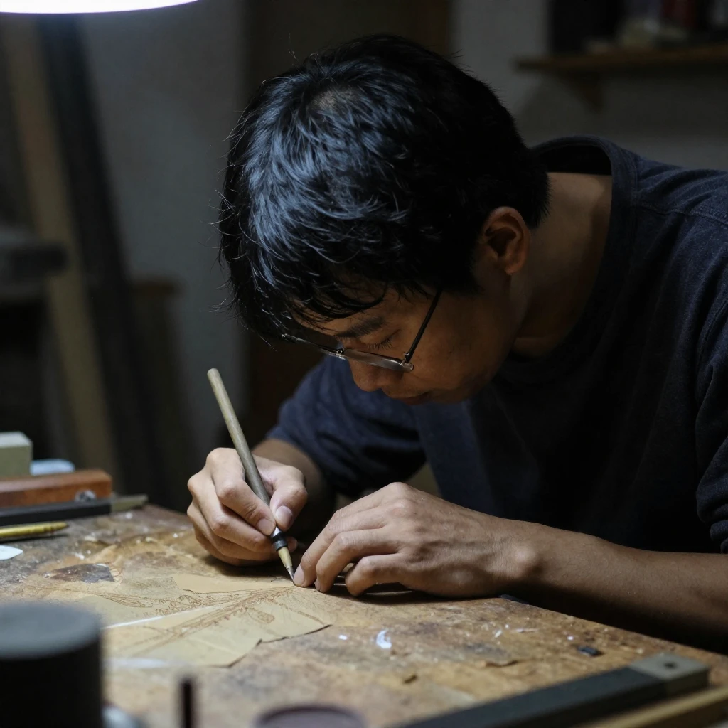 A person working diligently on a craft or art form in a humb...