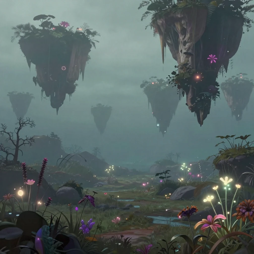 A surreal and ethereal landscape, featuring floating element...