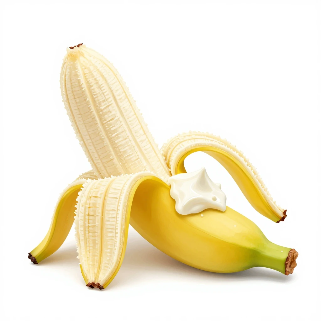 A peeled banana with a scoop of white cottage cheese, recipe...