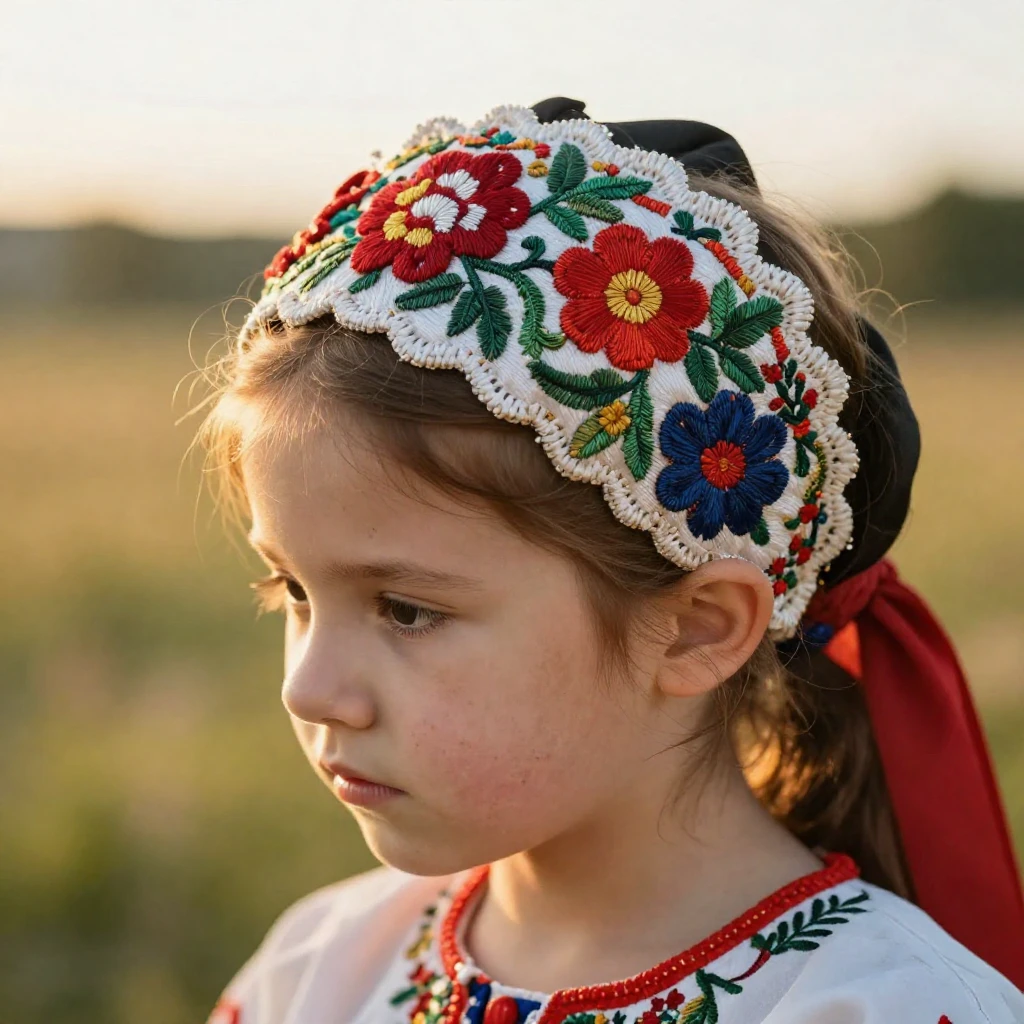 A richly embroidered kokoshnik, close-up, worn by a young Sl...
