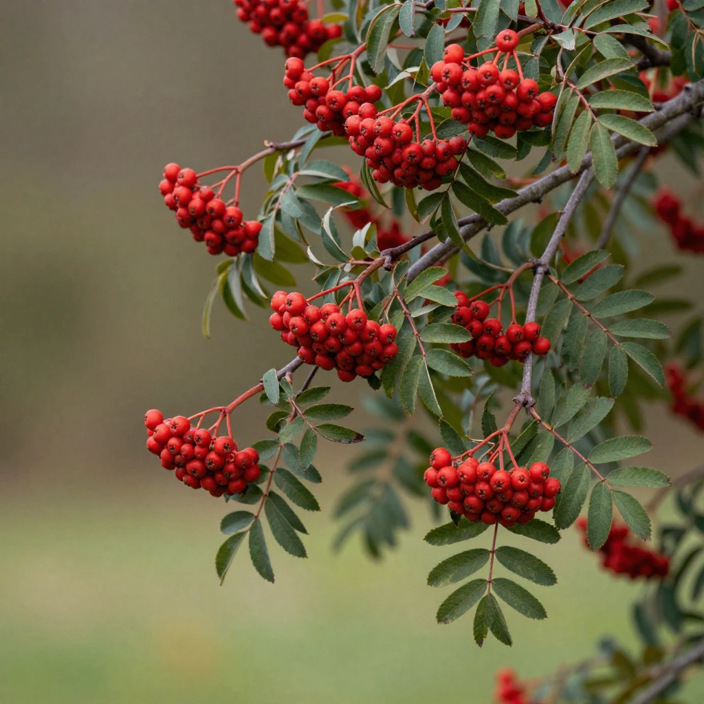 A lone rowan tree with clusters of vibrant red berries, set ...