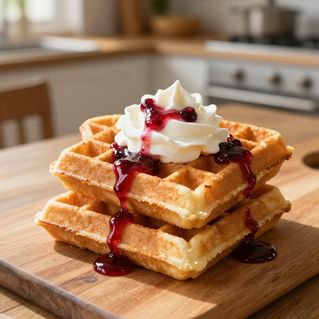 A stack of golden, crispy heart-shaped waffles generously to...