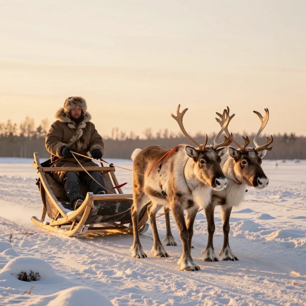 Golden hour lighting over snow-covered ground, reindeer pull...