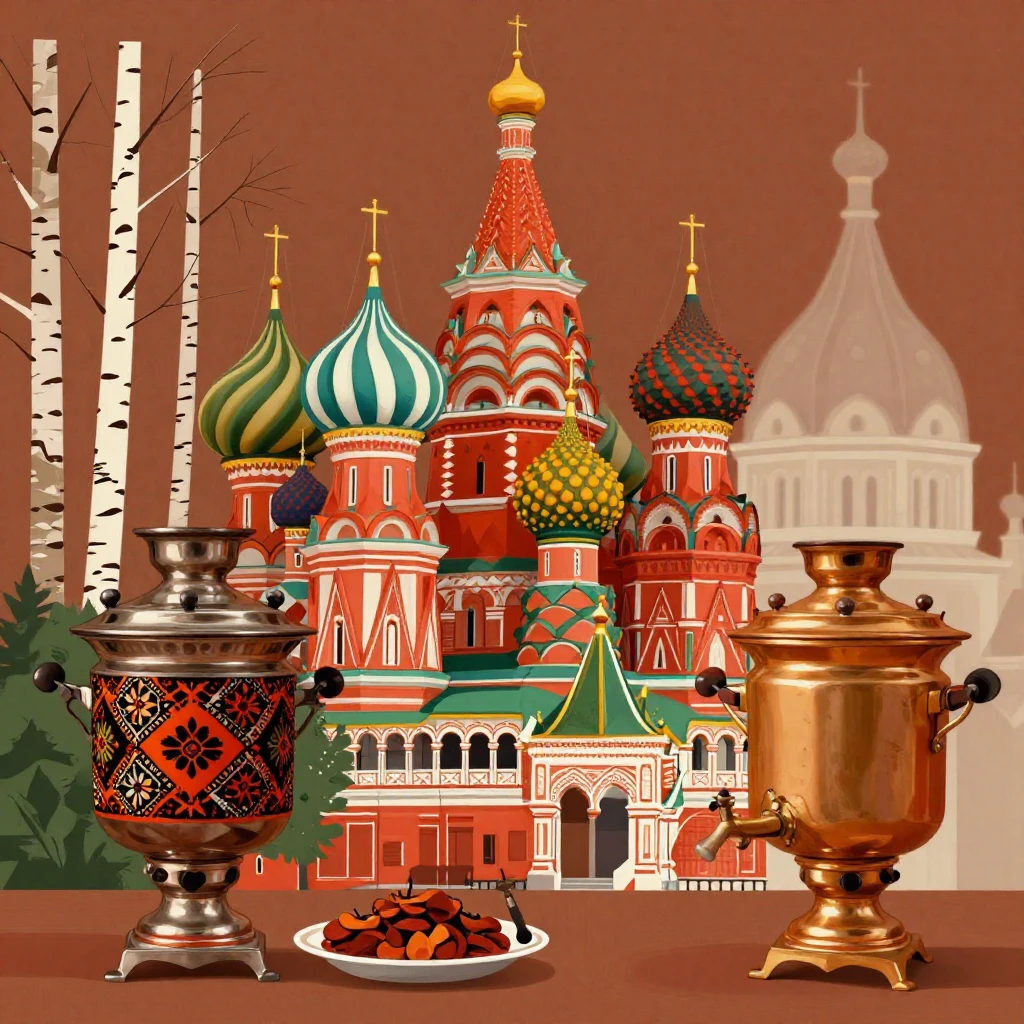An artistic depiction of iconic Russian cultural elements: a...