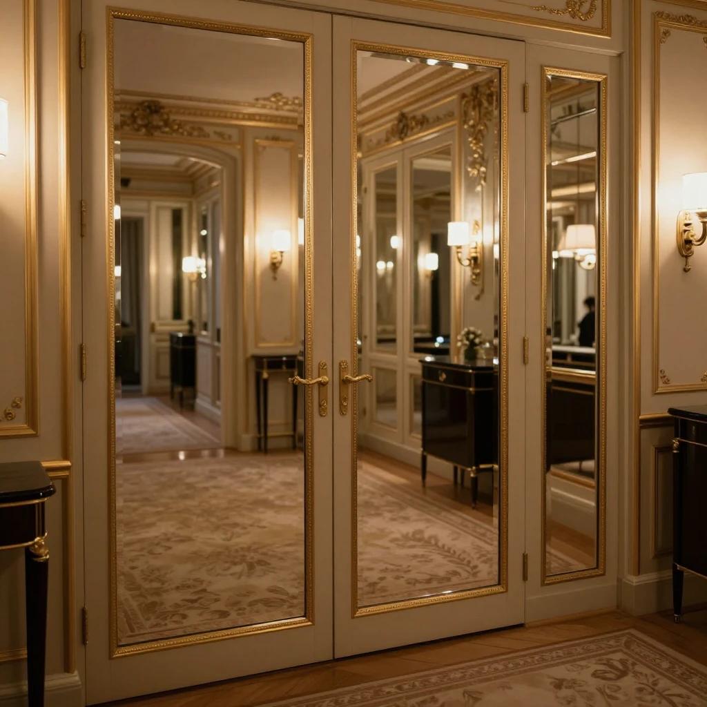 Artistic depiction of mirror reflections in Paris hotel corr...