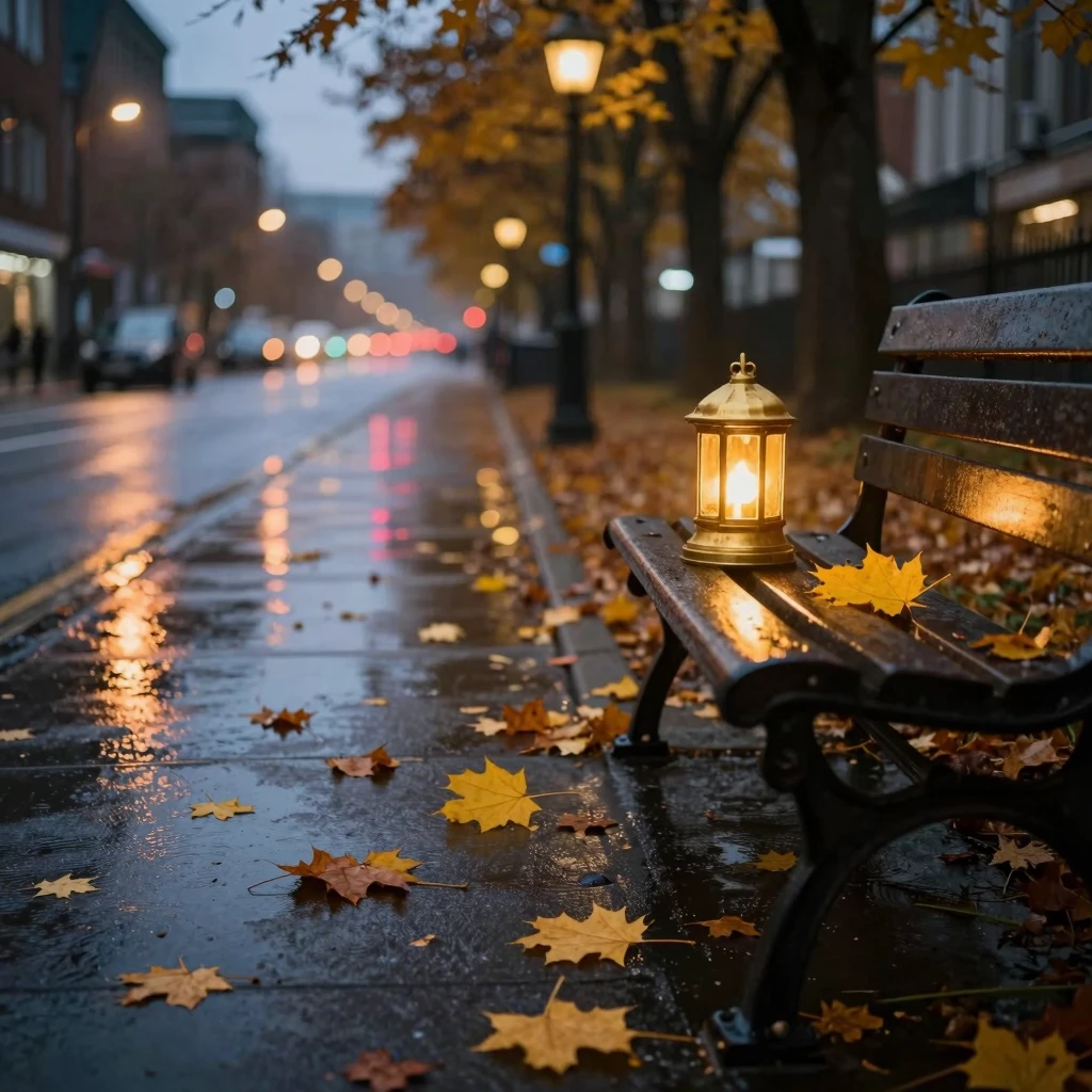 A moody autumn city street at dusk, wet asphalt reflecting n...