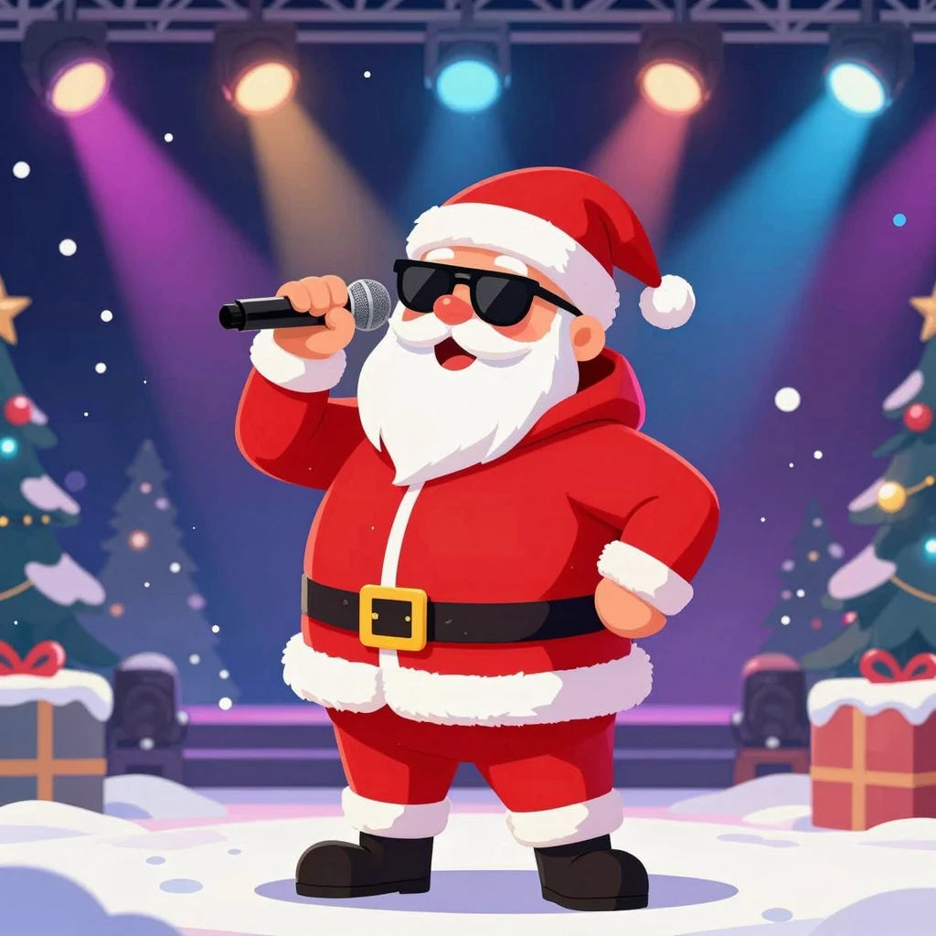 Artistic illustration of a snowy stage with Santa Claus perf...