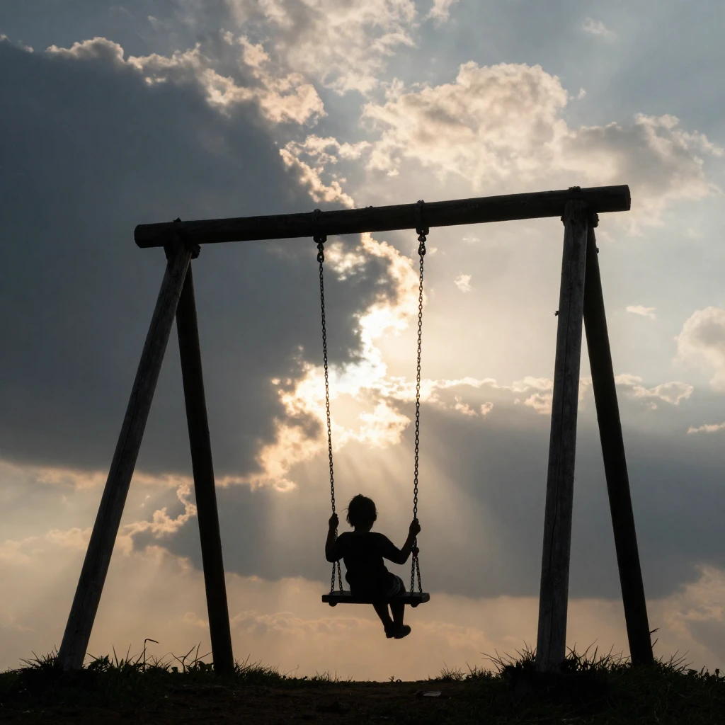 An old wooden swing set under a dramatic sky with sun breaki...