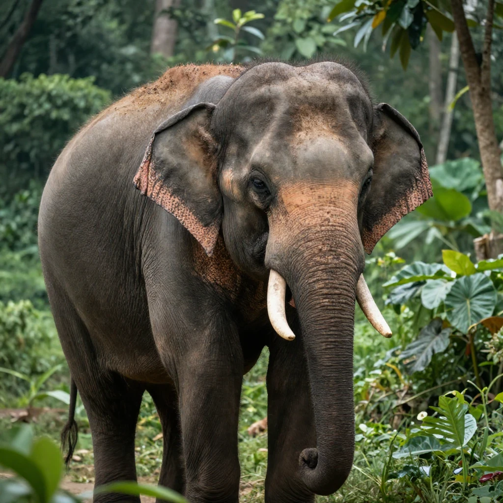 A wise, gentle elephant in a lush, natural jungle setting, p...