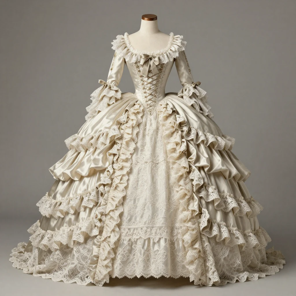 A detailed illustration of an elaborate period costume, spec...