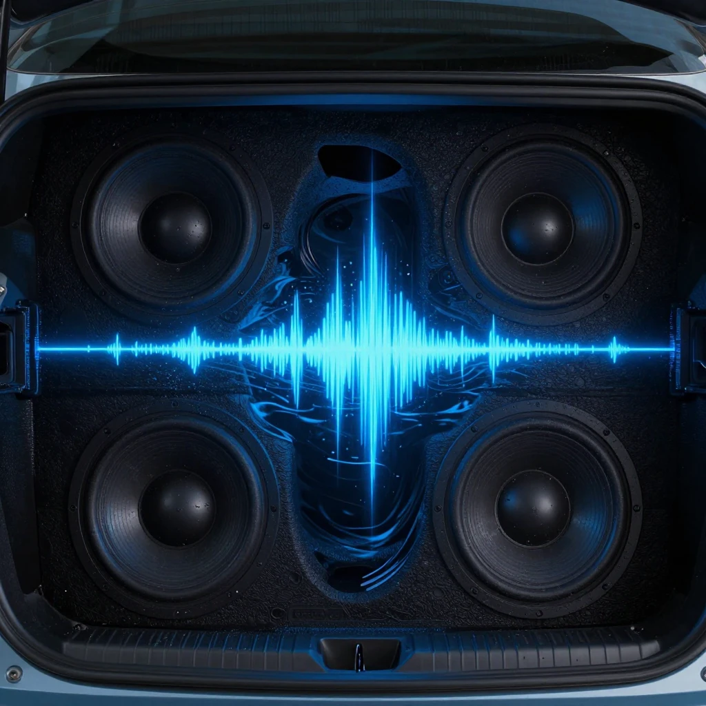 A top-down view of a car trunk with glowing subwoofers, neon...