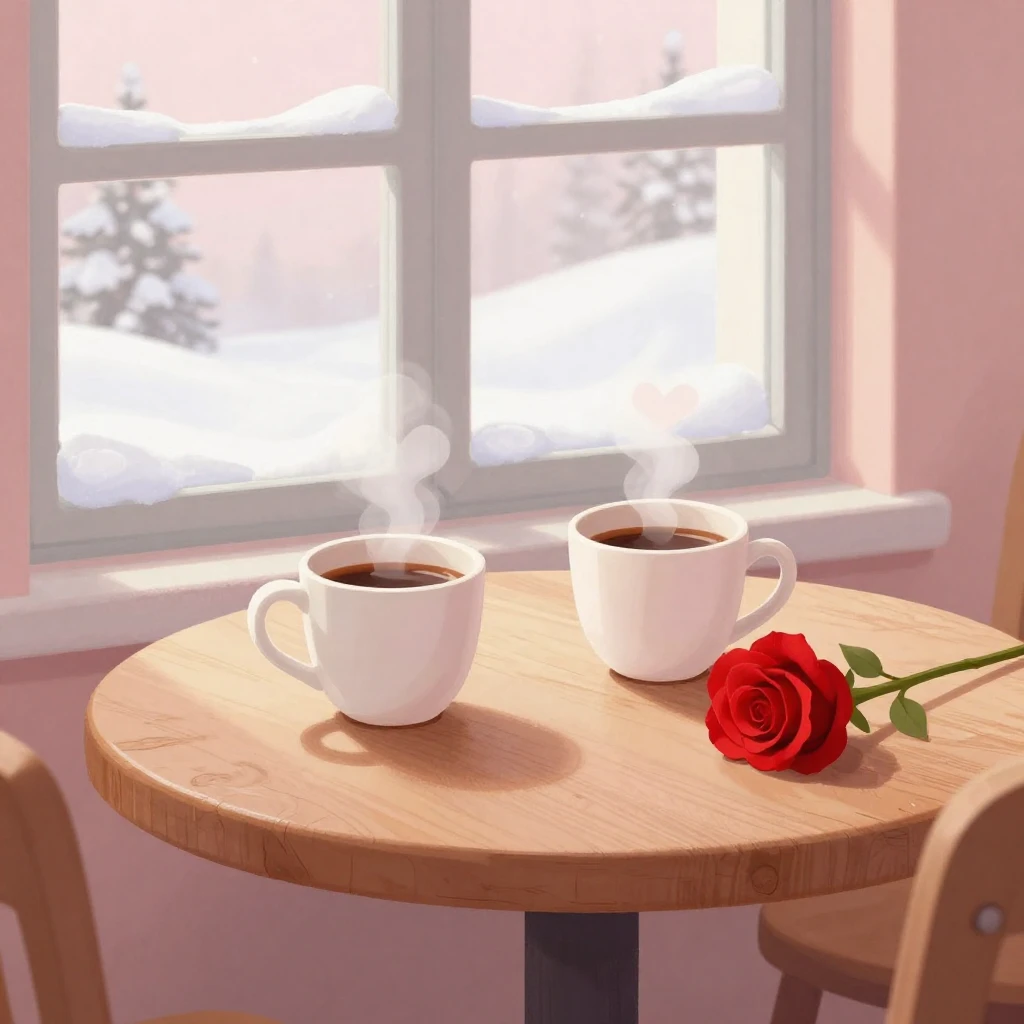 An artistic illustration depicting a cozy wooden table by a ...