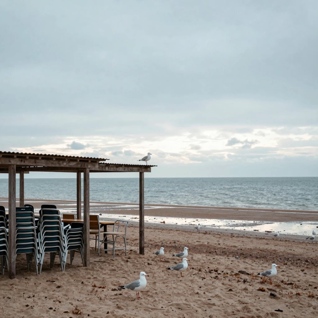 A melancholic and peaceful autumn seaside scene with empty b...