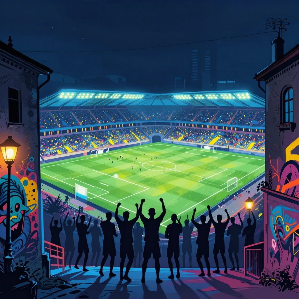 A cinematic street art style illustration of a soccer stadiu...