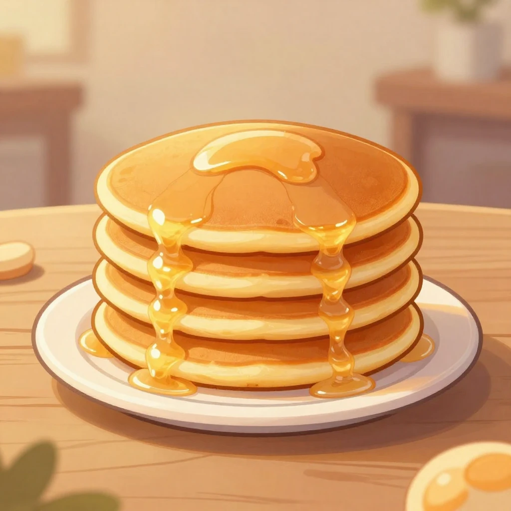 A vibrant illustration of a stack of golden, glowing pancake...