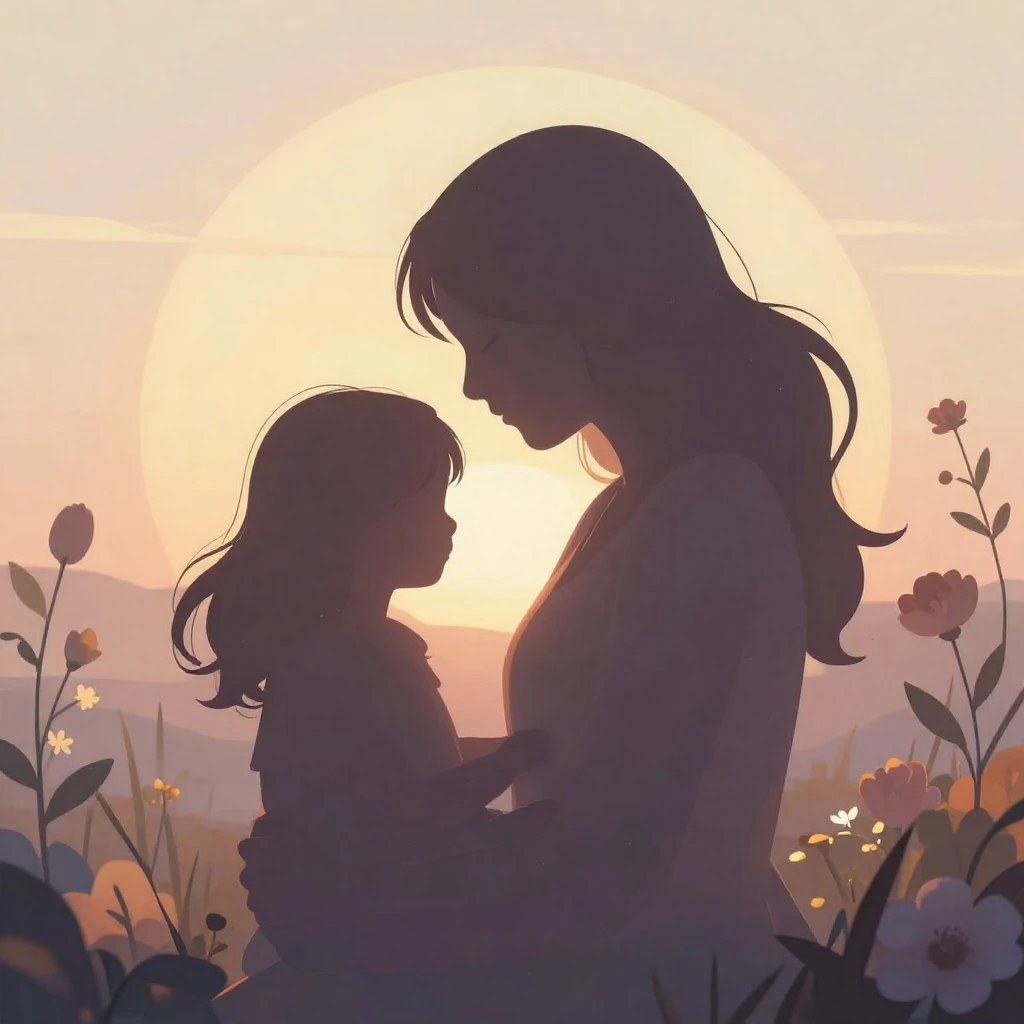 Elegant artistic illustration, silhouette of a mother, gentl...