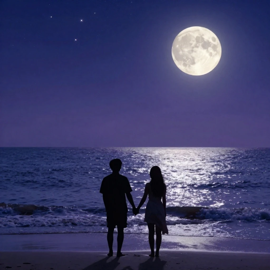 Two silhouetted figures holding hands on a serene beach at n...