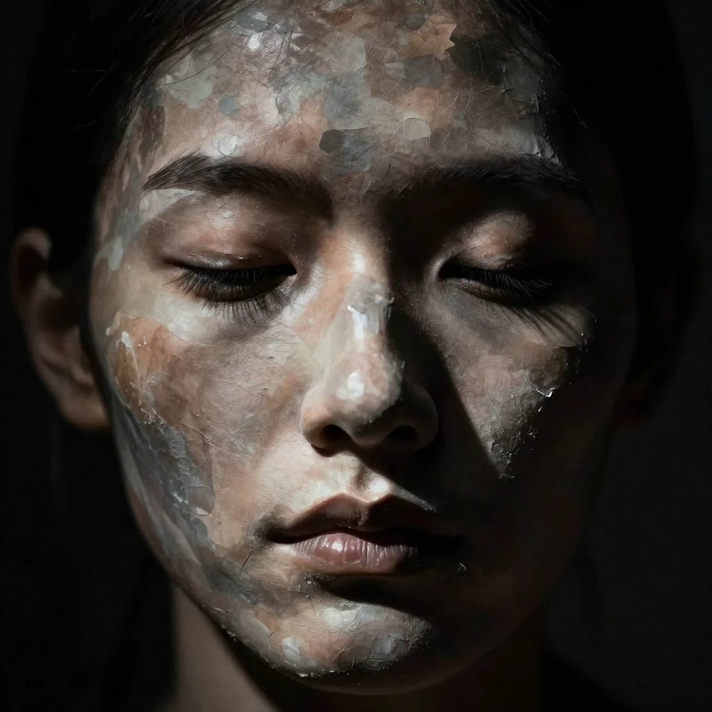 An artistic composition focusing on a human face, where stro...