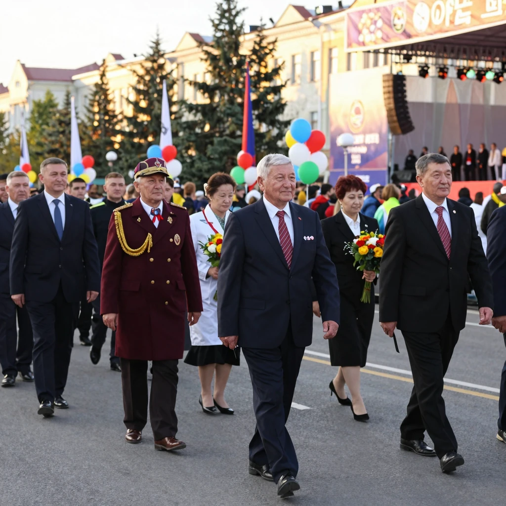 A grand festive parade of honorary citizens in Stepnogorsk. ...