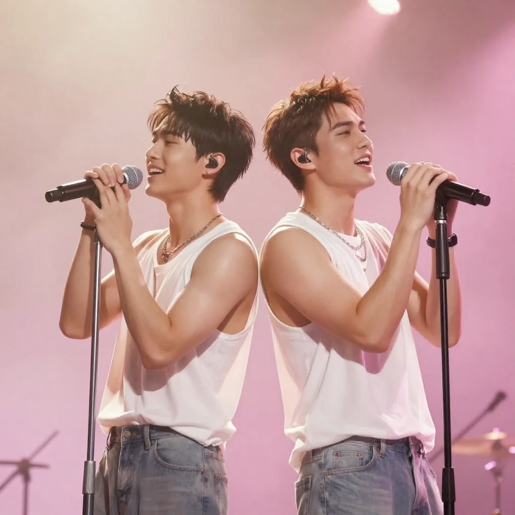 A romantic pop duo on a stage, performing with microphones. ...