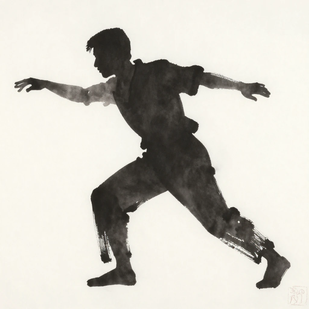 A stylized silhouette of a figure in a dynamic pose, rendere...