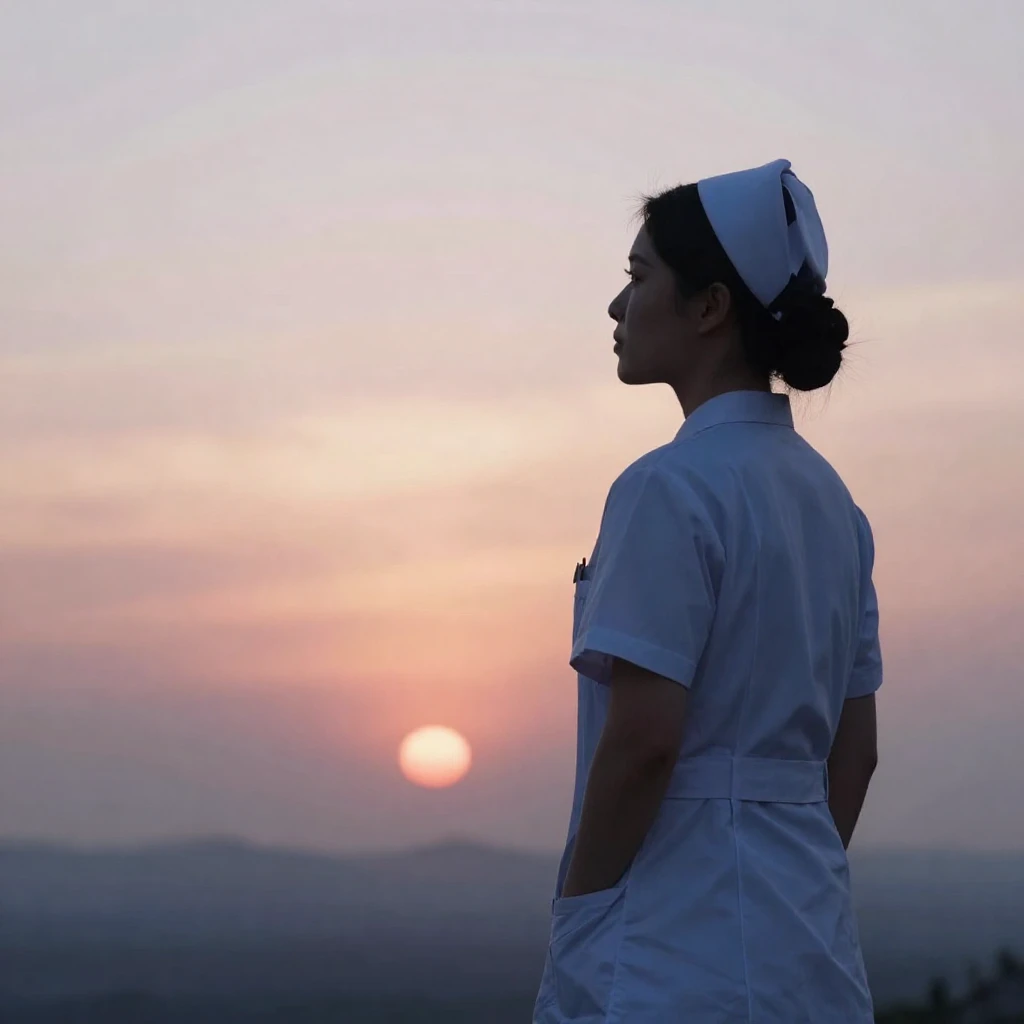 A silhouette of a nurse in a serene pose, looking towards a ...