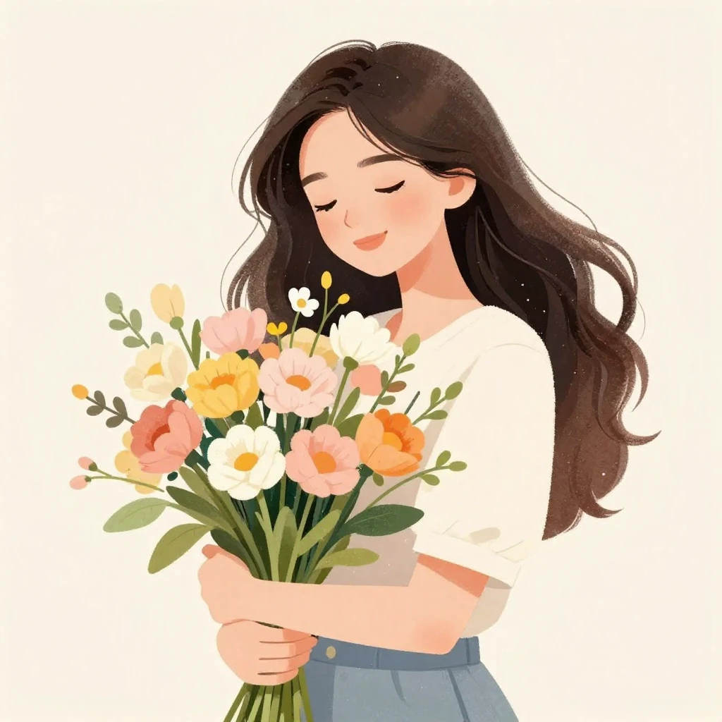 An elegant illustration of a woman holding a bouquet of spri...