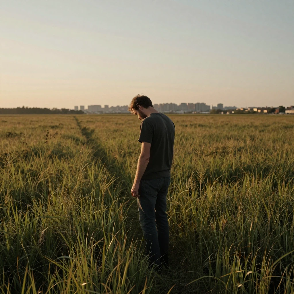 A man standing alone in an endless field of tall grass, look...