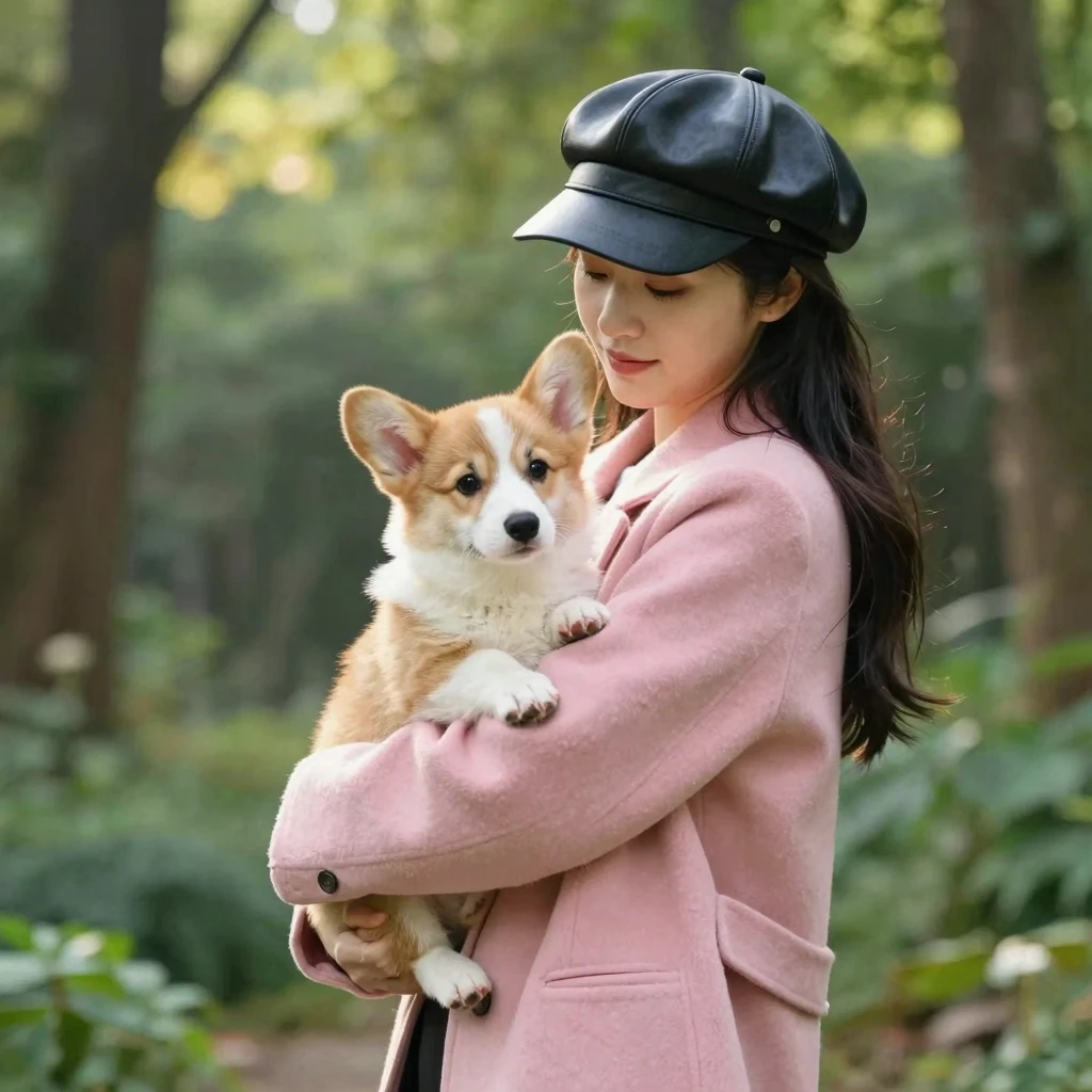A woman holding a corgi puppy in her arms, wearing a long pi...
