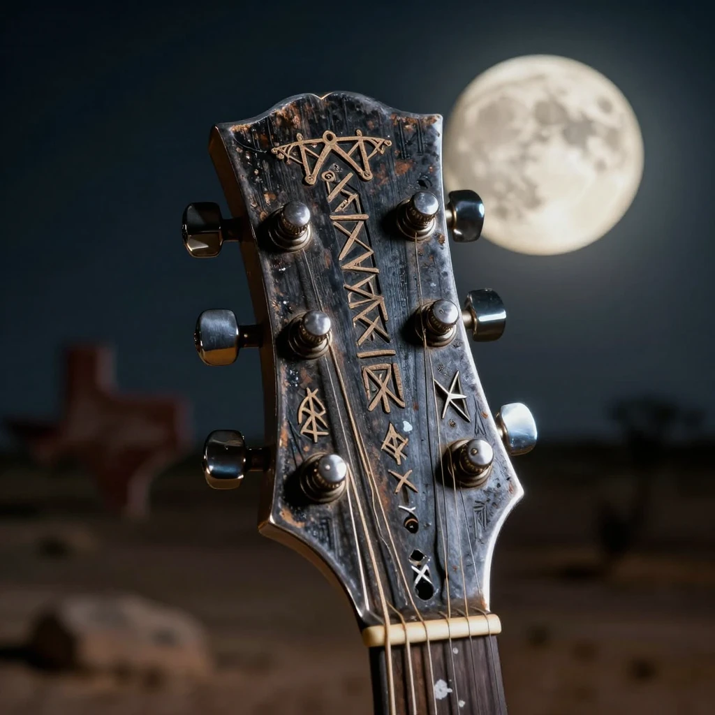 Close-up of a heavy metal guitar headstock with ancient Slav...