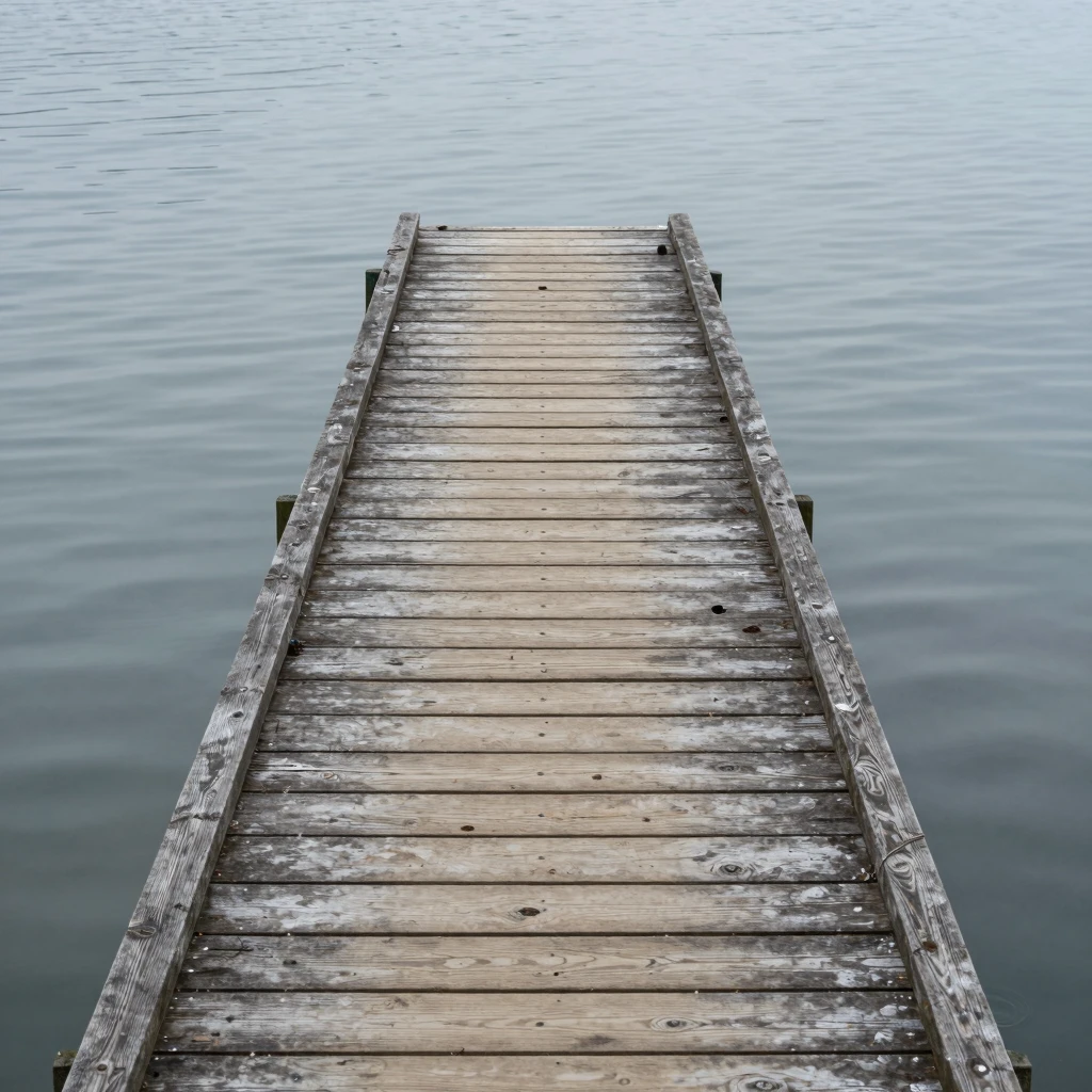A weathered wooden dock extending into calm water, with a ge...