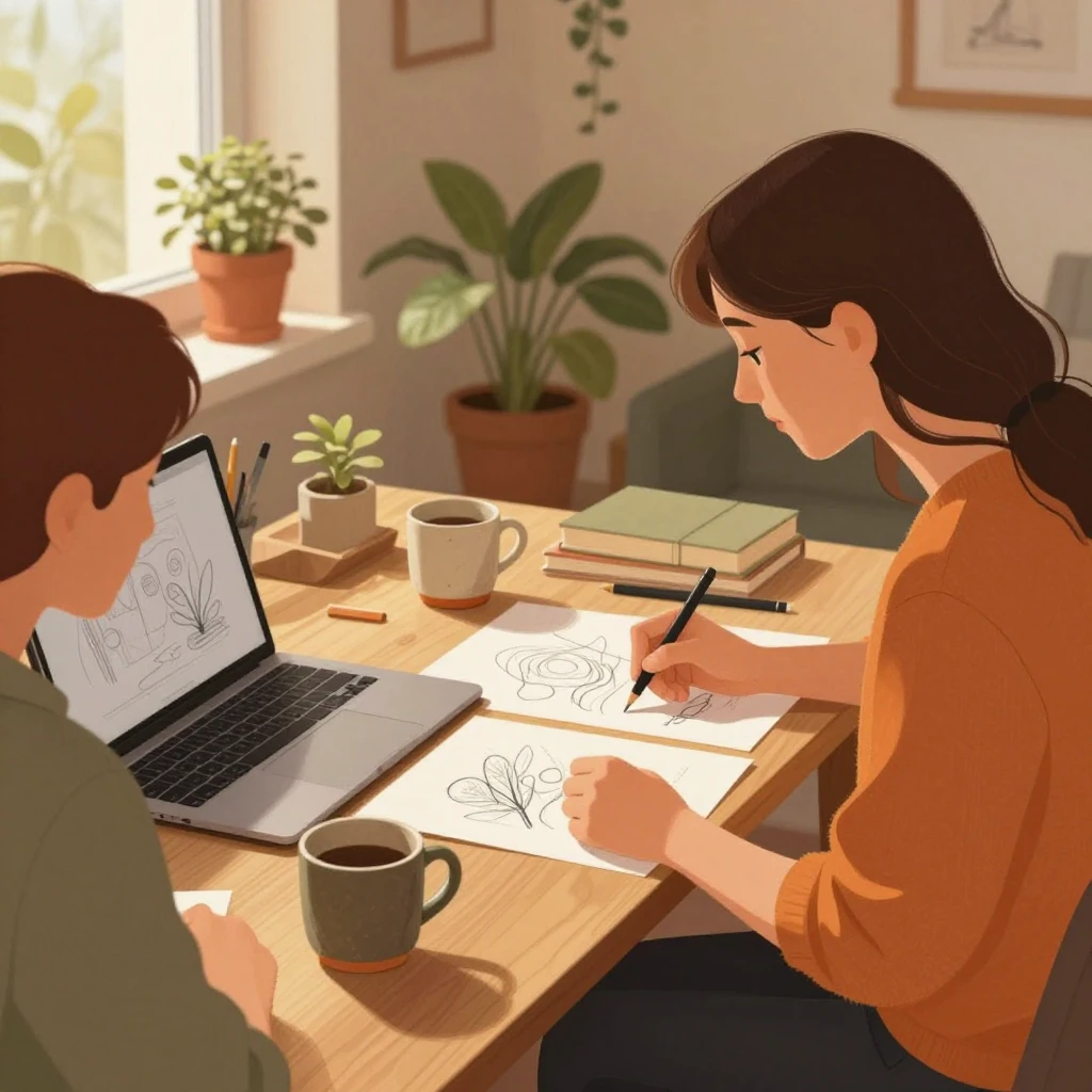 An artistic illustration of two people collaborating in a co...