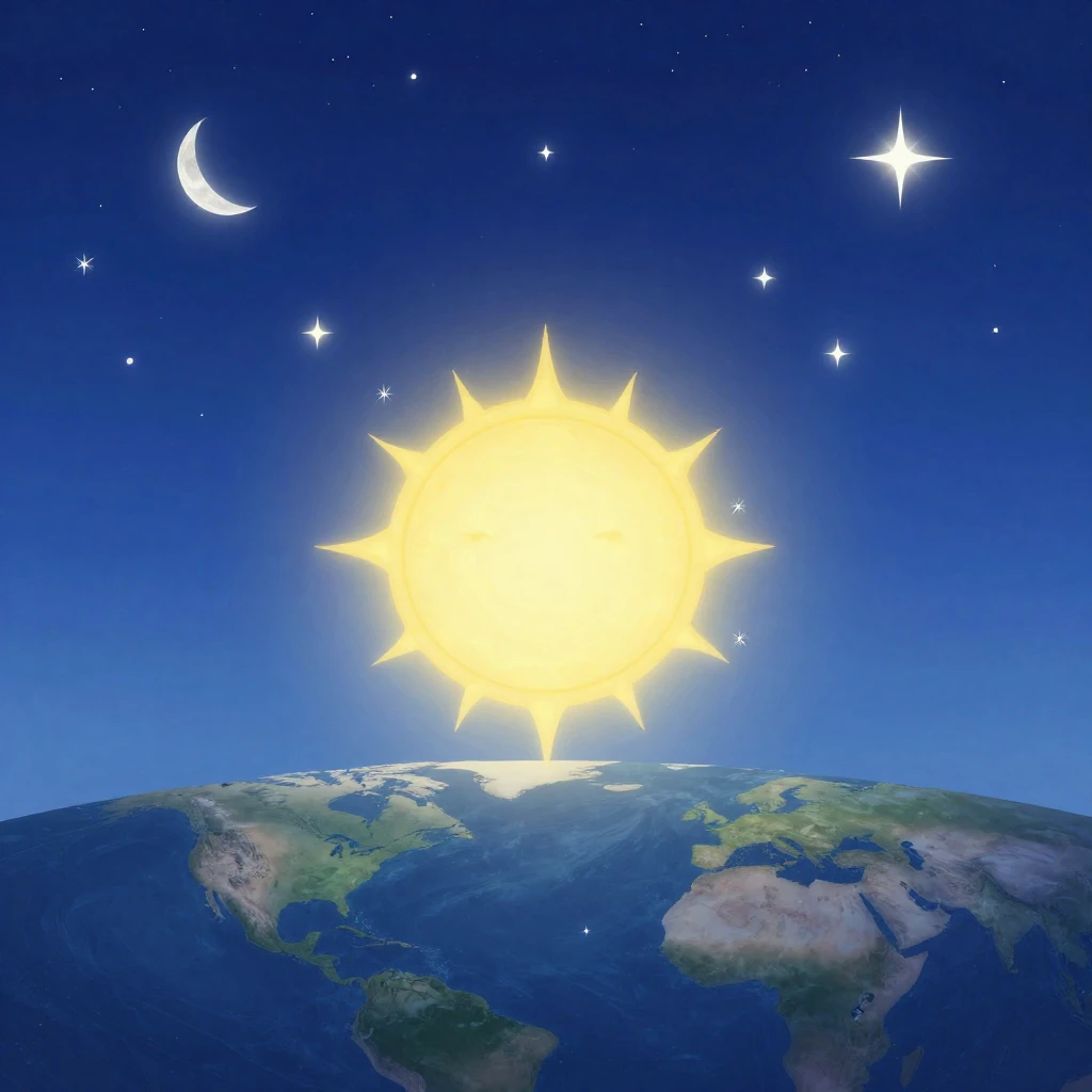 The sun, the moon, and countless stars shining brightly in a...