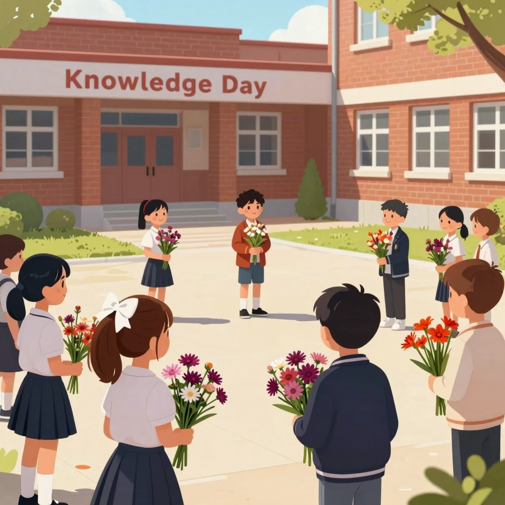 Artistic illustration of a school courtyard on Knowledge Day...