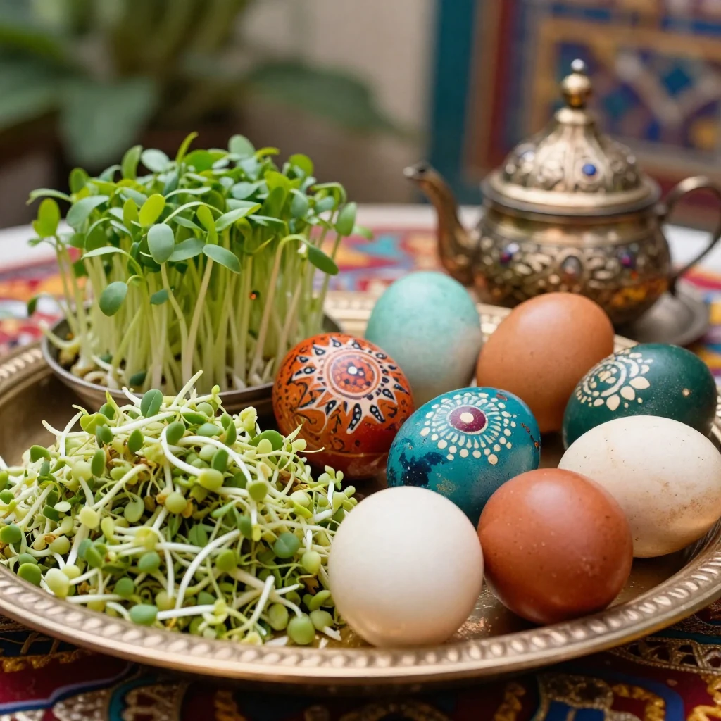 A close-up of a beautifully arranged Haft-Sin display with t...