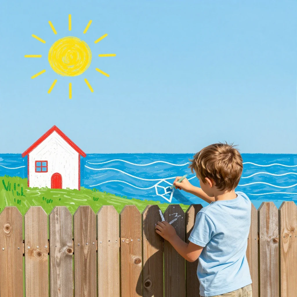 A little boy drawing with white chalk on a wooden fence, nai...