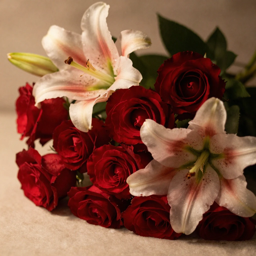 An intimate artistic close-up of a luxurious bouquet of roma...