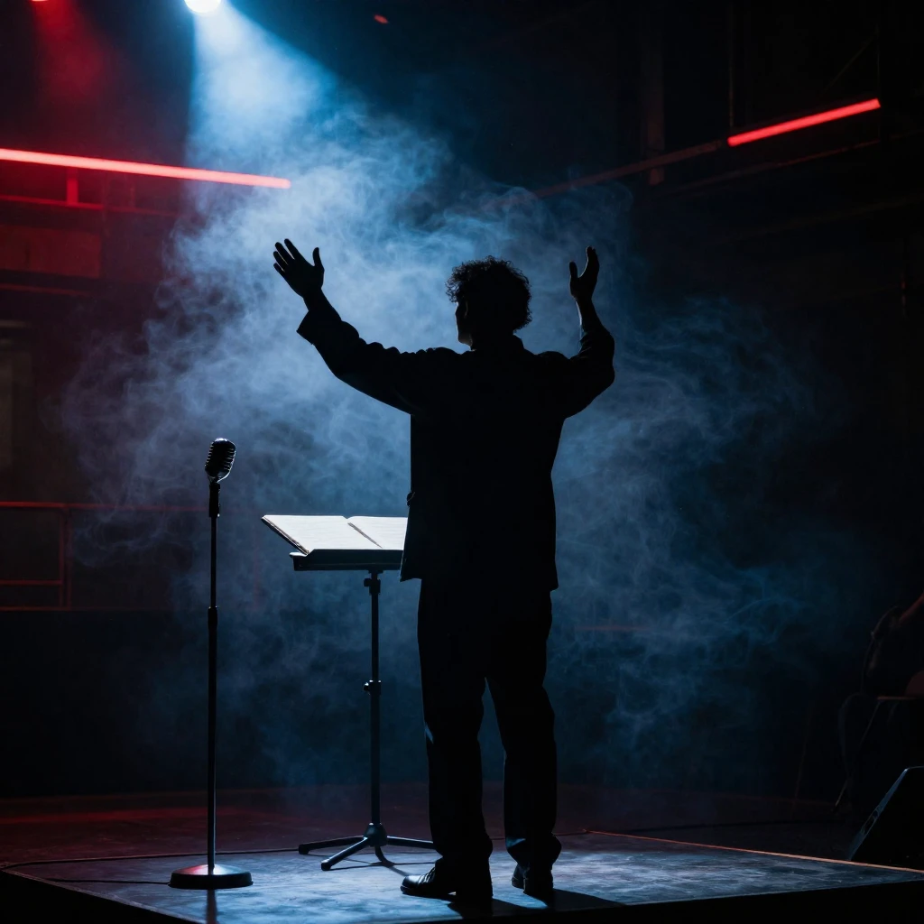 A dark, industrial stage. In the shadows, a clear silhouette...