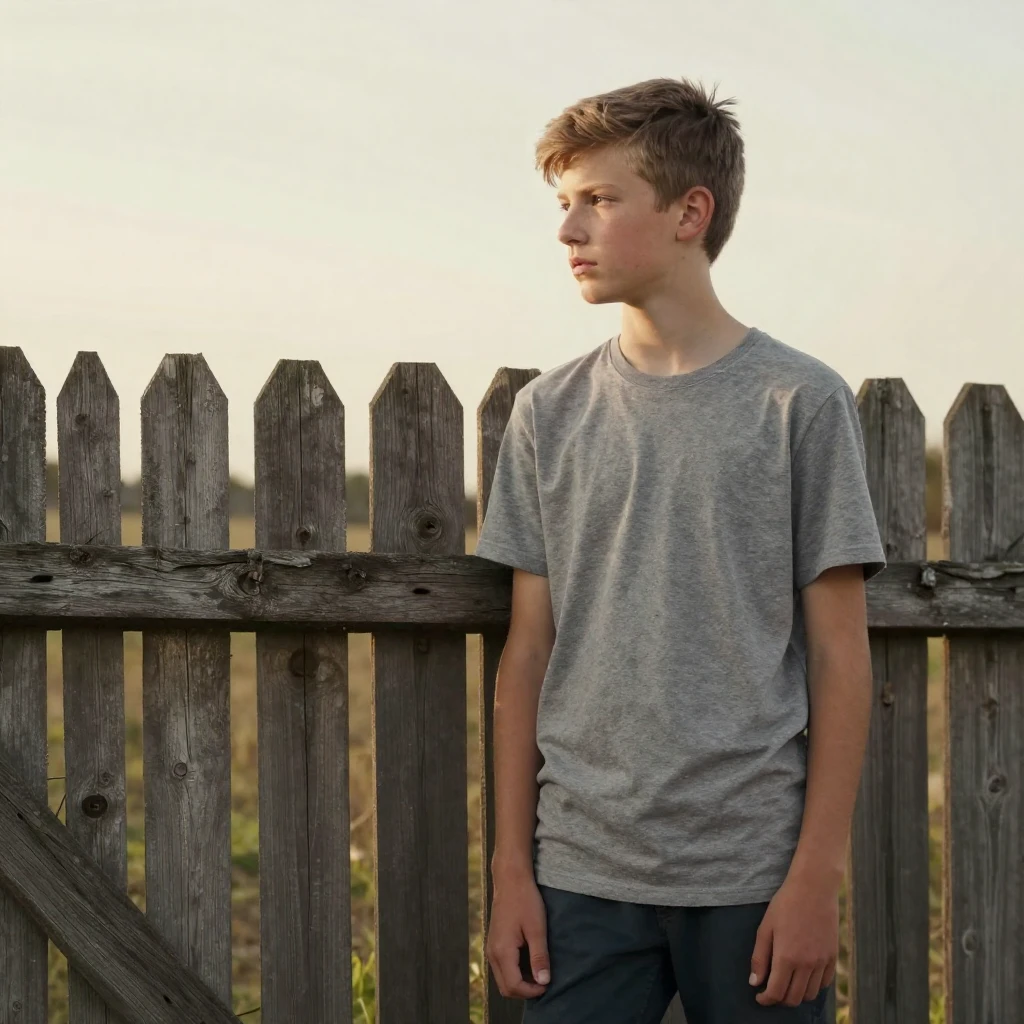 A thoughtful teenage boy, standing near a rustic wooden fenc...