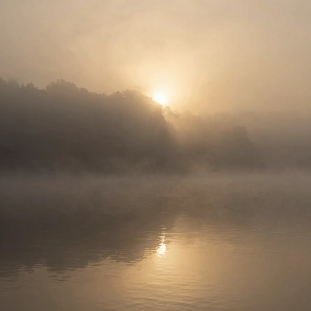 A poetic landscape of a misty lake at dawn, golden light bre...