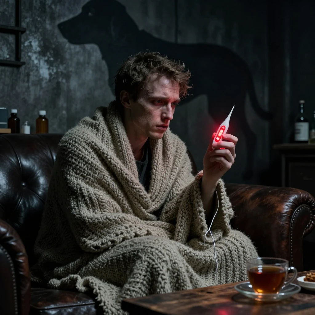 A pale man wrapped in a thick wool blanket on a dark leather...