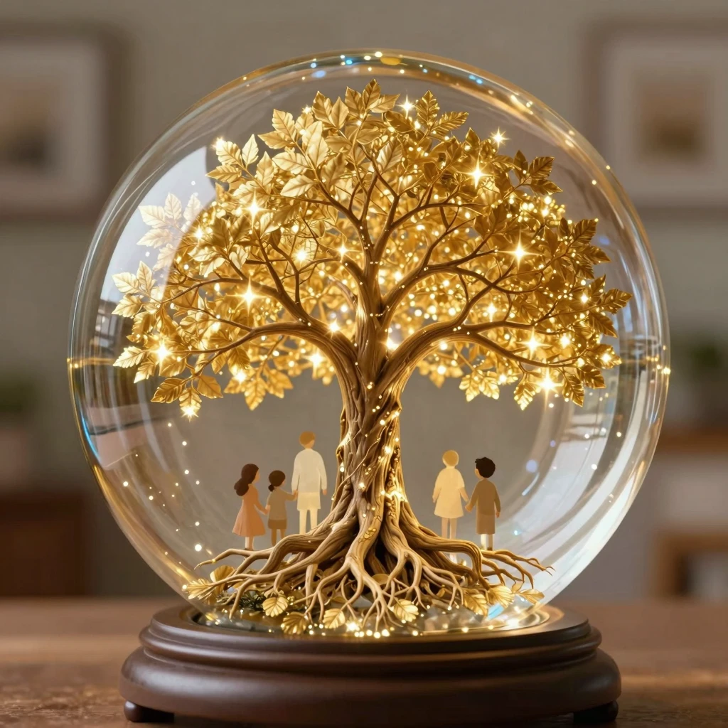An artistic image of a large, glowing family tree inside a c...