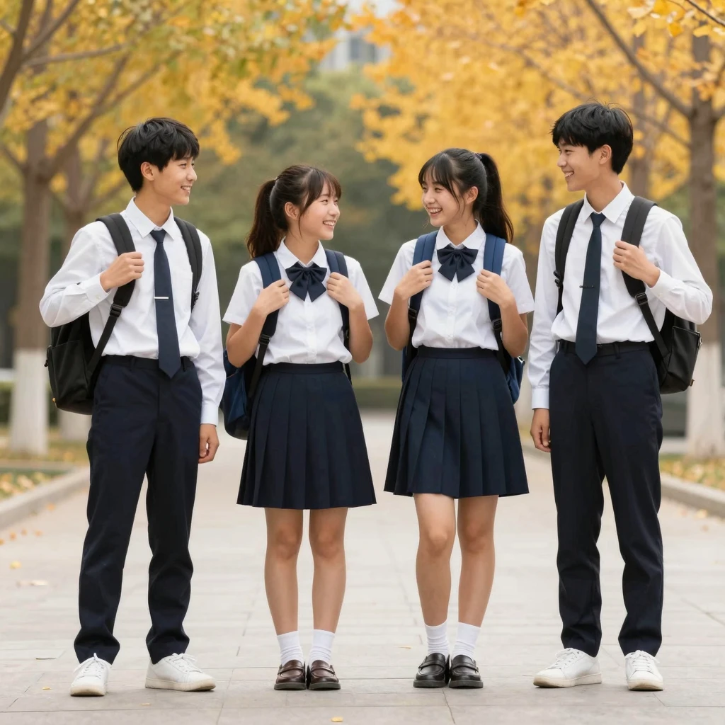 School entrance with high school students, relaxed poses, la...