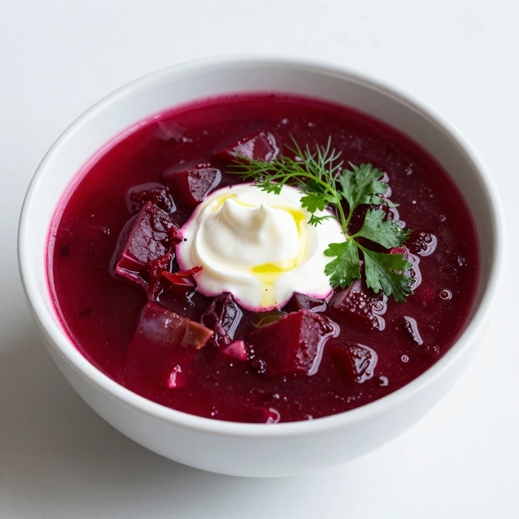 A single modern gourmet bowl of borscht on a plain white bac...